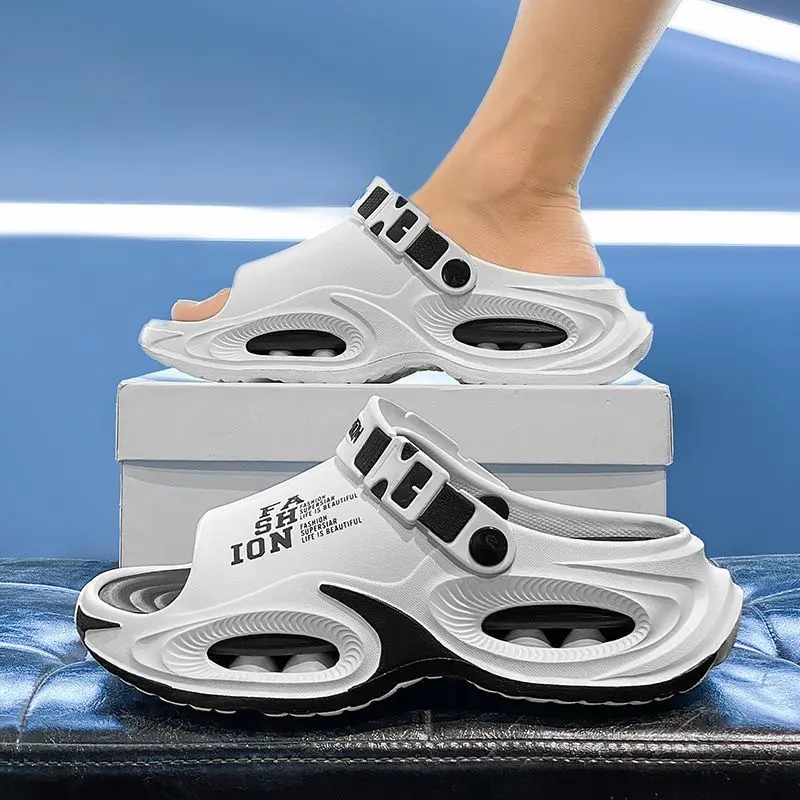 Fashion Chunky Sport Slides for Men, Double Buckle Adjustable Strap Hollow Cushioned EVA Slippers, Non Slip Thick Sole Casual Summer Sandals, Footwear, Reversible,sport slide, Below The Ankle Men's Fashion Slippers
