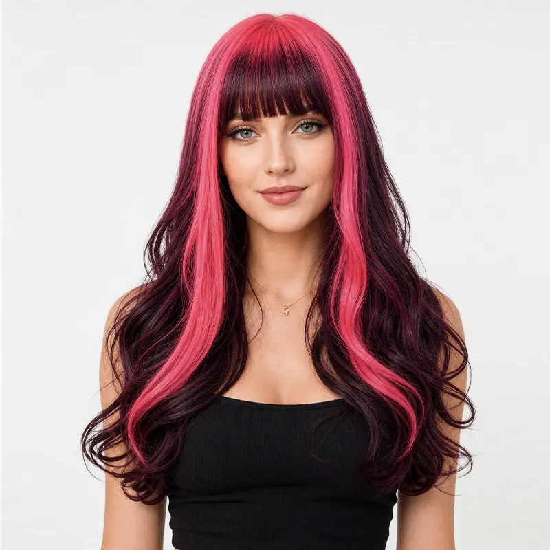 ZIHAN 22-Inch Red & Black Y2K Vampire Gothic Cosplay Wig with Bangs - Heat Fiber Synthetic Hair, Glueless Rose Net Cap, Curly Waves for Gothic Look, Short Cut Compatible, Dark Tones, Themed Events, Daily Wear