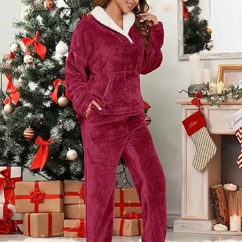Women's 2-Piece Fuzzy Sherpa Loungewear Set - V-Collar Long-Sleeve Basic Pullover Top with Pocket, Elastic-Waist Jogger Pants, Soft Matching Pajamas, Casual Sleepwear Set, Warm Winter Homewear, Do Not Bleach