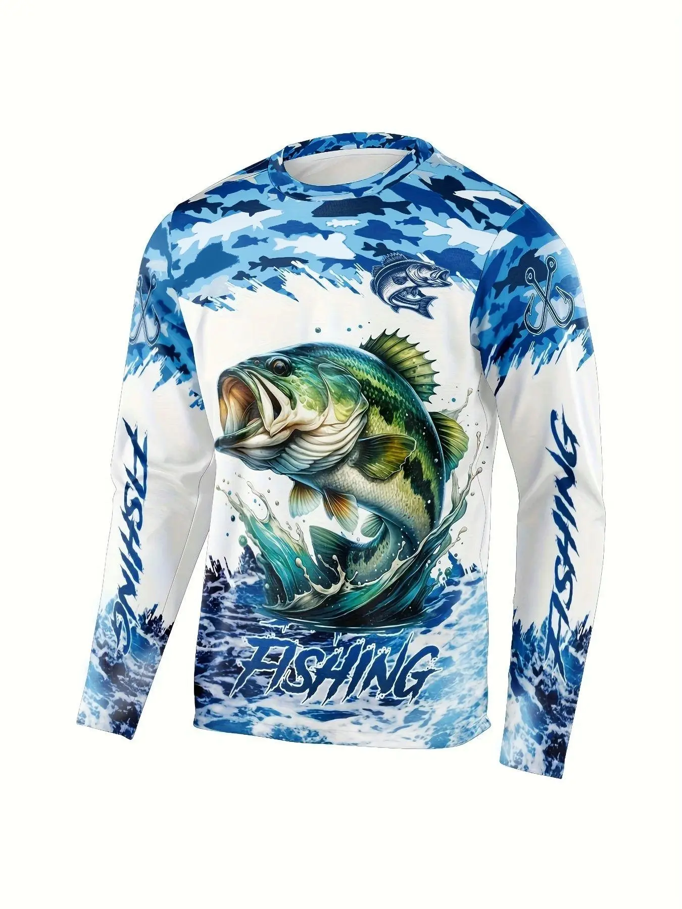 Men's Long Sleeve Fishing Shirt, Active Top, Blue Ocean Print, Comfortable and Breathable, Premium Outdoor Apparel, Outdoor Fishing Wear, Ideal for Fishing, Hiking, Cycling, Outdoor Activities