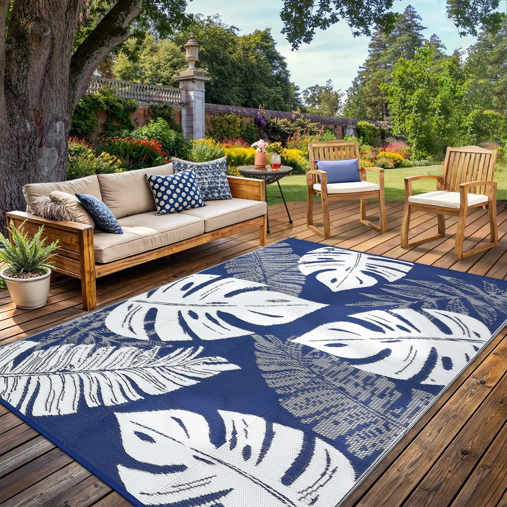 Waterproof Outdoor Rug - Reversible Plastic Straw Patio Mat, Tropical Leaf Design, Shake-Clean Fast for RV & Patio, Outside Rug