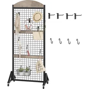 Grid Wall Panel 5.7’ x 2’ FT Grid Display Rack, Movable Gridwall Display Stand with Wheels, Floorstanding Wire Grid Rack with 4 S-Shaped Hooks and 4 Garment Hooks, Greige and Black TCJ17BG