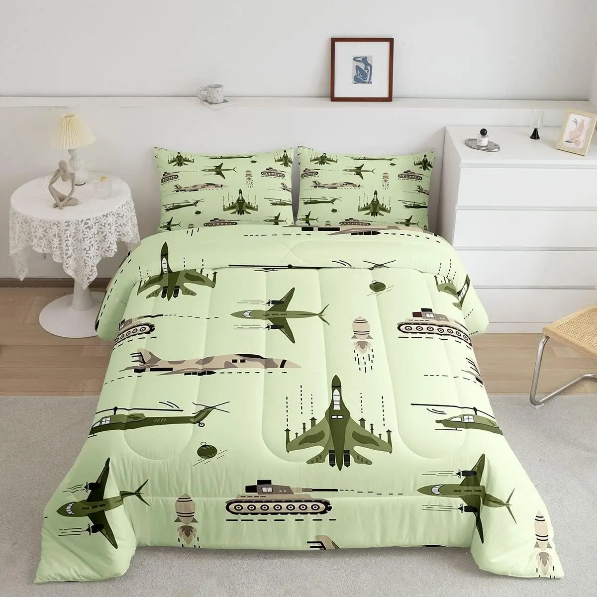 Military Themed Microfibre Bed Duvets & Sets - Soft, Machine Washable Comforter, Pillowcases, Bed Blanket with Army Helicopter, Airplane, Tank Prints for Dorm Rooms (Twin, Full, Queen Sizes), Cozy Aesthetic