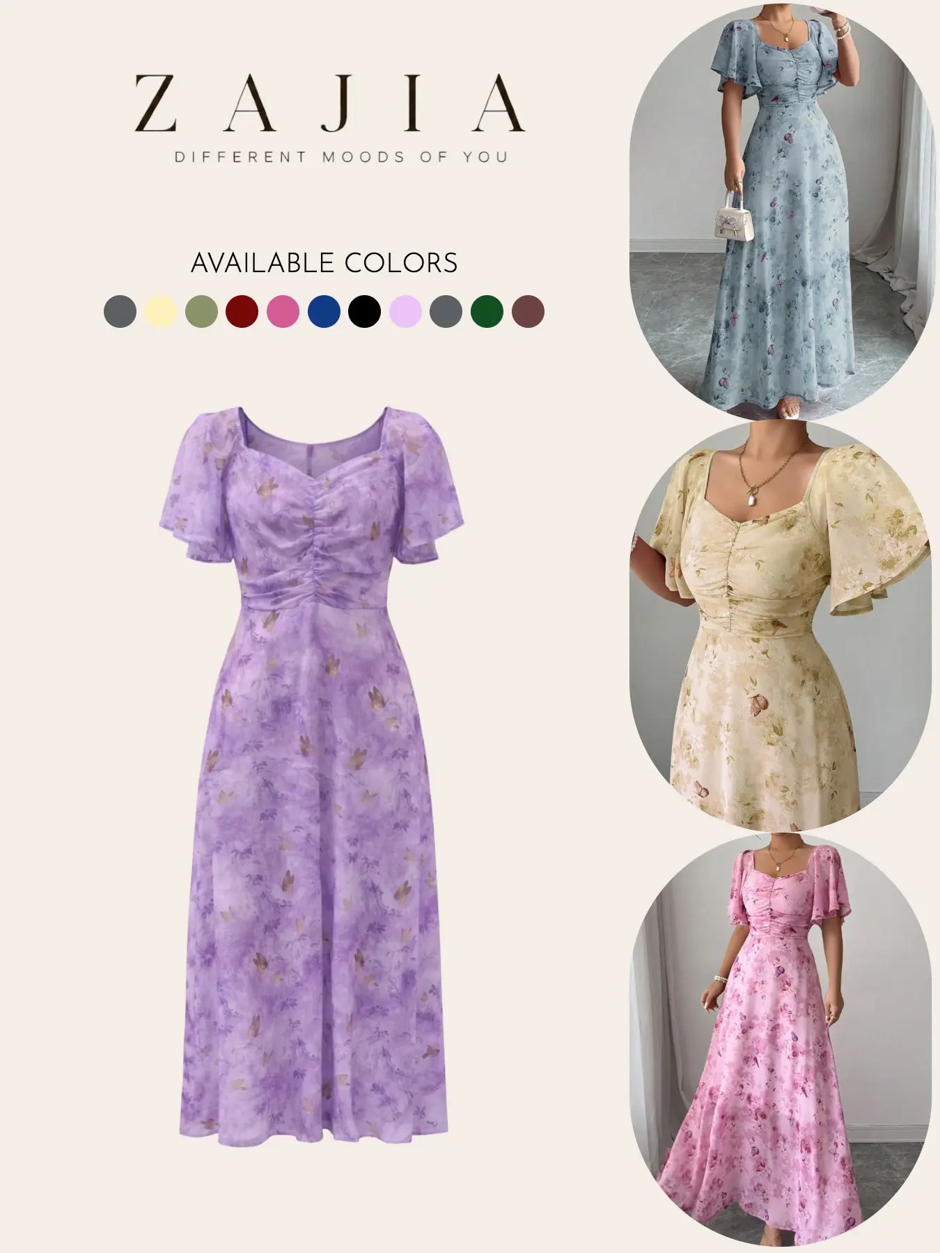 2026 Women's Chiffon Floral Butterfly Print Batwing Sleeve Pleated Sweet French Summer Dress, Casual All-Over Print, Fitted Style, All Seasons, Lightweight