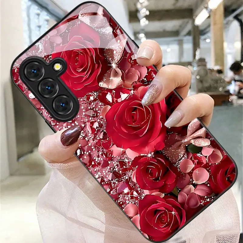 Rose print decorative pattern phone case, suitable for Samsung Galaxy A14 A15 A16 A23 A24 A25 A26 A32 A34 A35 A36 A52 A53 A54 A55 A56 S21/S22/S23/S24/S25/S26 FE/Plus/Ultra, anti-drop tempered glass protective cover