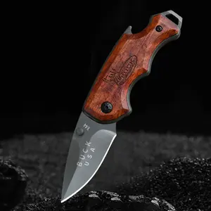 X44 Mini Outdoor Pocket Knife with Wooden Handle, Camping Survival Folding Knife, Self-Defense Folding Fruit Knife, Bottle Opener, Tail Hammer