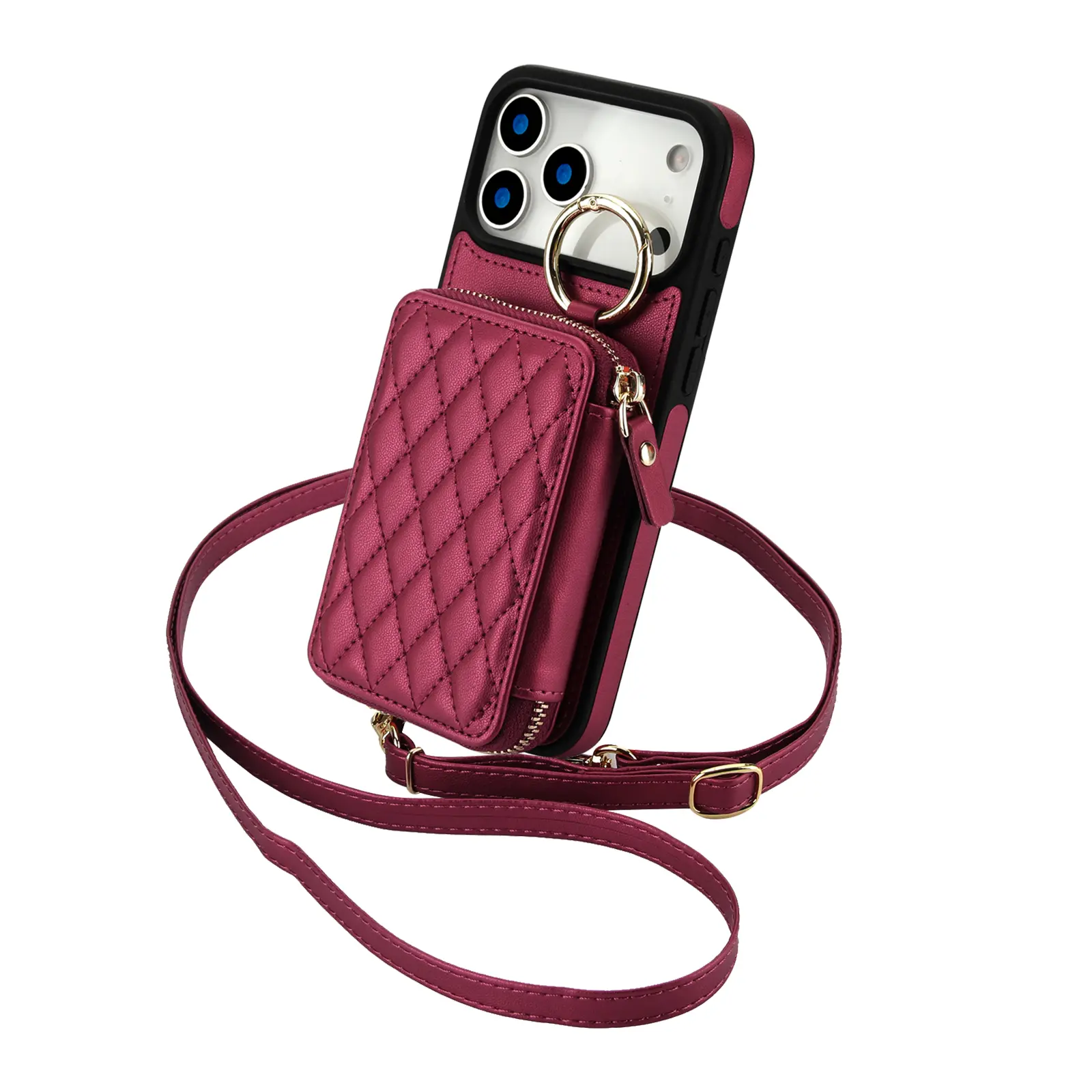 Women's Quilted Leather Smartphone Wallet Case with Diamond-Space Design - RFID Blocking Zipper, Ring Kickstand, Detachable Adjustable Crossbody Lanyard & Wrist Strap, Anti-Scratch Shockproof Safety Accessory for iPhone 17/16/15/14 Plus Pro Max, Card, Fol