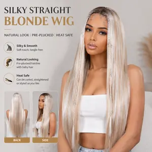 Noble 30-Inch Ash Blonde Ombre Straight Synthetic Fiber Wig - Full Machine-Made Wig with Braided Hair Texture Sides and Star Charms, Synthetic Fiber Wigs,summervibes outdoorfun