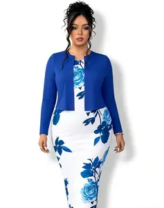 Women's 2-Piece Chic Soft Comfortable Casual Wear Bodycon Dress Set - Sleeveless Cowl Midi Dress, Long Sleeve Cropped Cardigan, Lightweight Breathable Stretchy Blue Floral Rose Print, Plus Size Vibe Outfit for Weekend Brunch, Date Nights