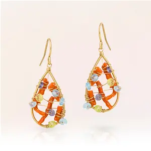 Italian Coral and Multi Stone Hoop Earring