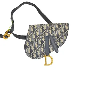 Pre-owned Dior Used Mini Saddle Belt Bag, Blue Oblique Jacquard, Gold D Charm, Adjustable Waist Crossbody Pouch