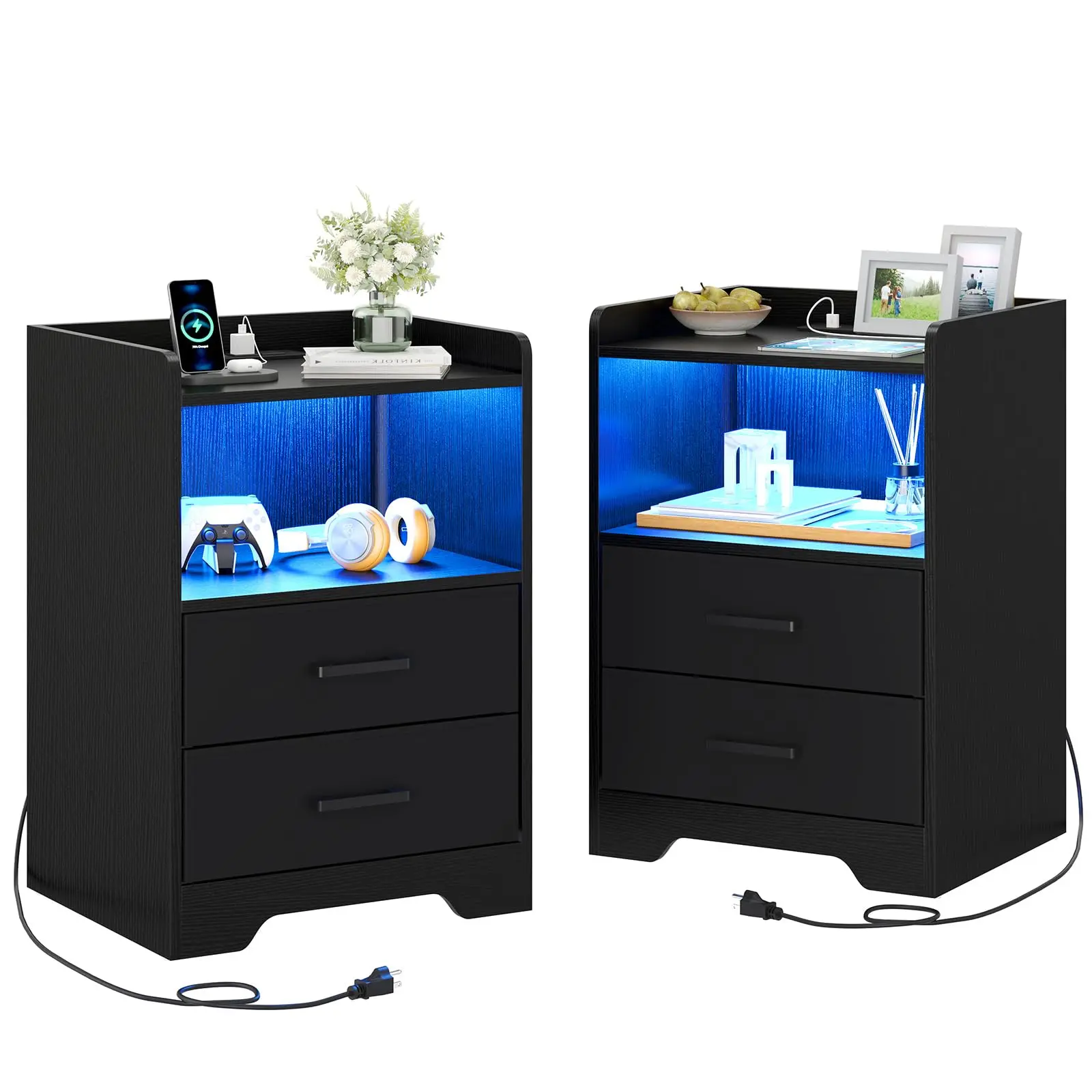 SIKAIC 2PCS Black Modern LED Bedside End Table - Furniture Nightstand with Smart LED Lights, USB Ports, Drawers for Home Decor, Apartment Furniture to Light Up Your Space