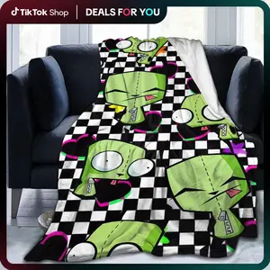Quirky Green Bot Throw Blanket – Y2K Cartoon Style with Checkerboard & Neon Hearts – Soft Cozy Flannel for Bed, Couch, or Dorm Room Decor – Fun Gift for Boys Girls Teens, Anime Lovers, and Alt Aesthetic Fans