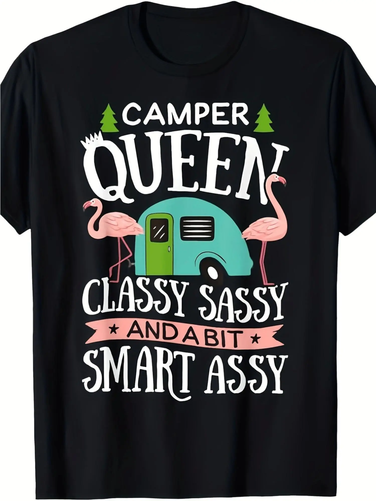 Heavy Duty Cotton CamperQueen RV Camper Van Print T Shirt for Camping Enthusiasts Short Sleeve Crew Neck with Preshrunk Fabric and RV Lifestyle Design Sizes S to XXXL