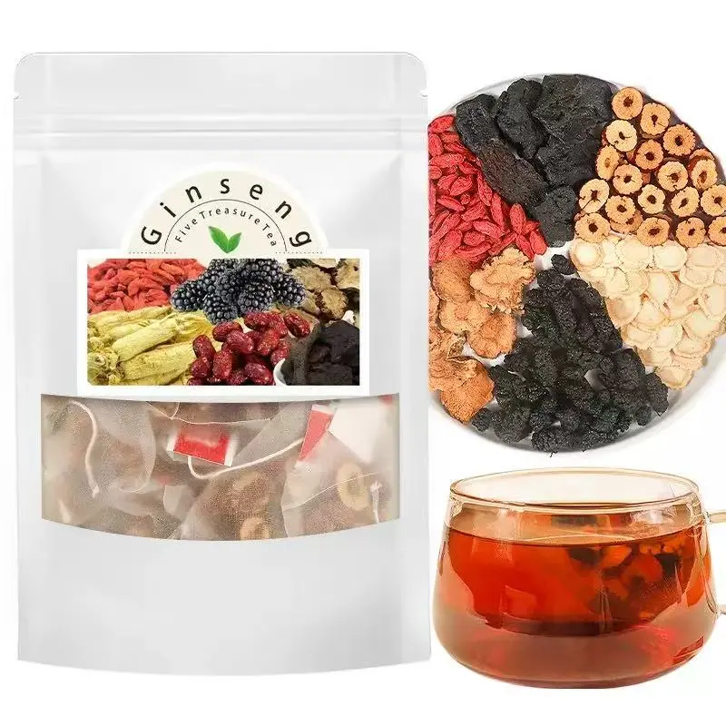 Premium Ginseng Five-Treasure Herbal Tea Bags, Natural Blend with Mulberry, Wolfberry and Red Date, Daily Nourishing Wellness Herbal Tea