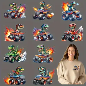 12 Piece Dinosaur Truck DIY Transfer Stickers, Washable Heat Transfer Design, Non-Iron Appliques for T-Shirts, Face Masks, Jeans, Backpacks, Crafts