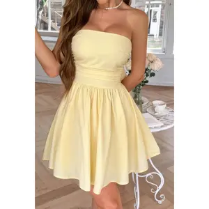 Solid Off Shoulder Tube Elastic Waist Dress