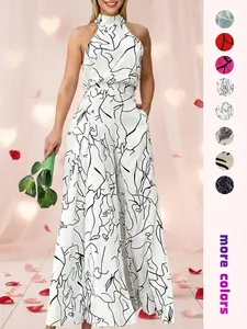 Women's All Over Print Pocket Tie Back Halter Belted Jumpsuit, Casual Sleeveless Wide Leg Jumpsuit For Summer, Fashion Ladies Clothes For Beach Holiday Vacation