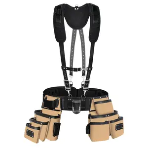 FUERI Tool Belt for Men with Suspender, Heavy Duty Nylon and Leather 26 Pockets Beige and Black comes with Comfort Padded Belt,Spacious Pouches,Hammer Holder, Suspender Loops and Suspender for Carpenter Construction Electrician