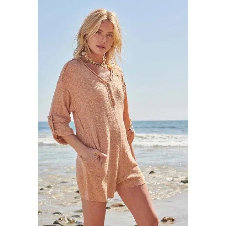 Women's Basic Loose Sweater Romper Overalls - Casual Solid Peach High-Neck Henley with Breathable Roll-Up Tab Sleeves and Roll-Up Hem