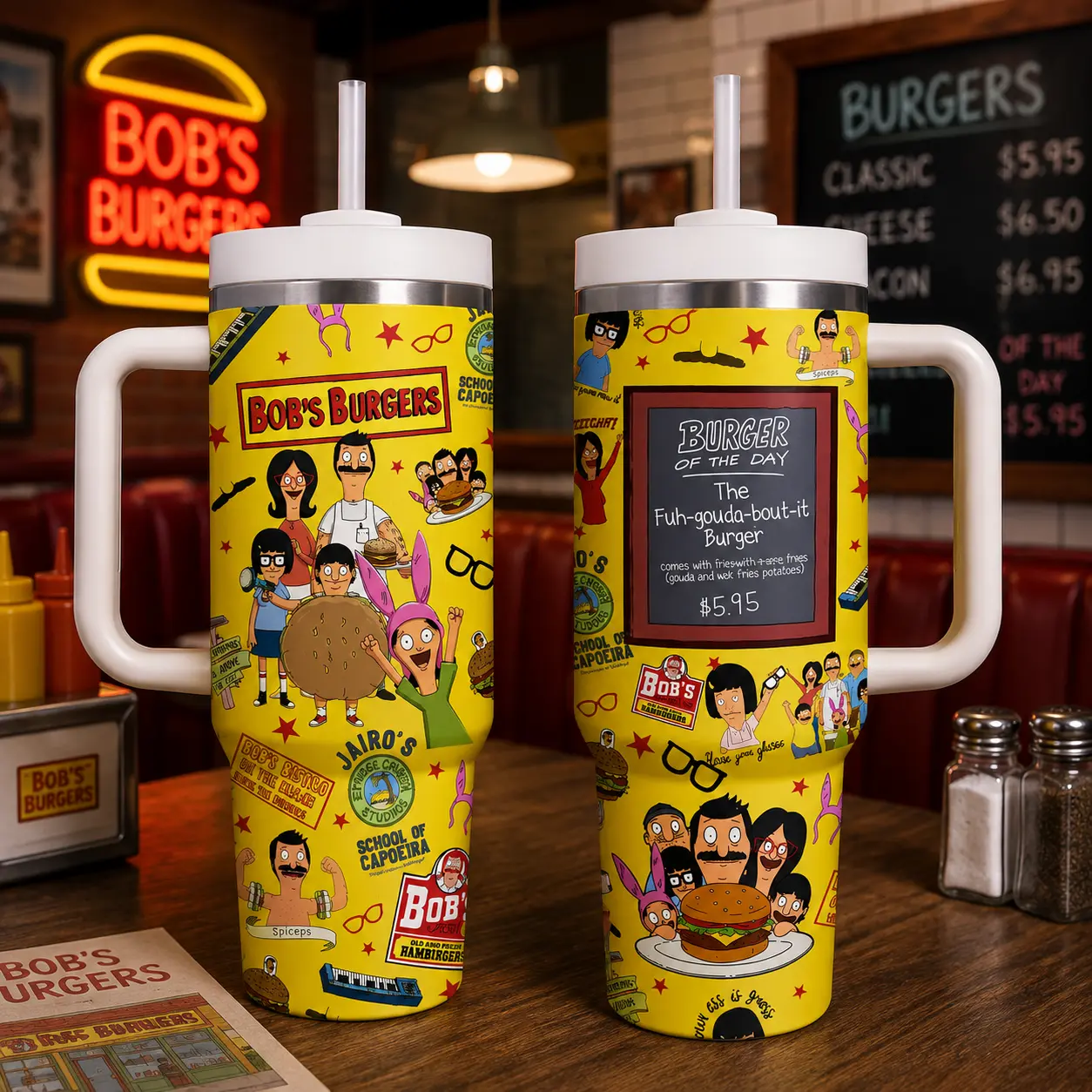 Bob's Burgers 40oz Tumbler With Handle & Straw, Bob Belcher Family Cartoon Graphic Cup, Bob's Burgers TV Show Inspired Travel Mug, Funny Yellow Insulated Stainless Steel Water Tumbler, Fan Gift