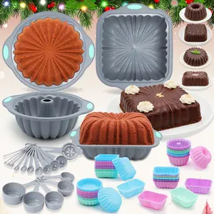 69 Pieces，Silicone Baking Set, Non-Stick Bakeware Set with Cake Pans,Muffin Cups,Food Grade Silicone Baking Molds for Cakes,Bread,Muffins, Brownies,Light Grey，Easter gifts Birthday