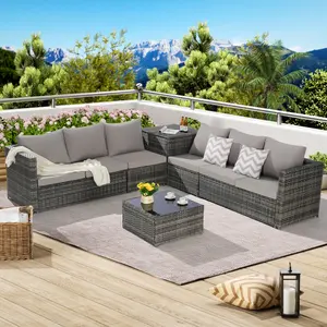 6-Piece L-Shaped Wicker Rattan Outdoor Patio Furniture Set, Patio Sofa Set with Corner Table and Glass Top Table for Backyard, Poolside