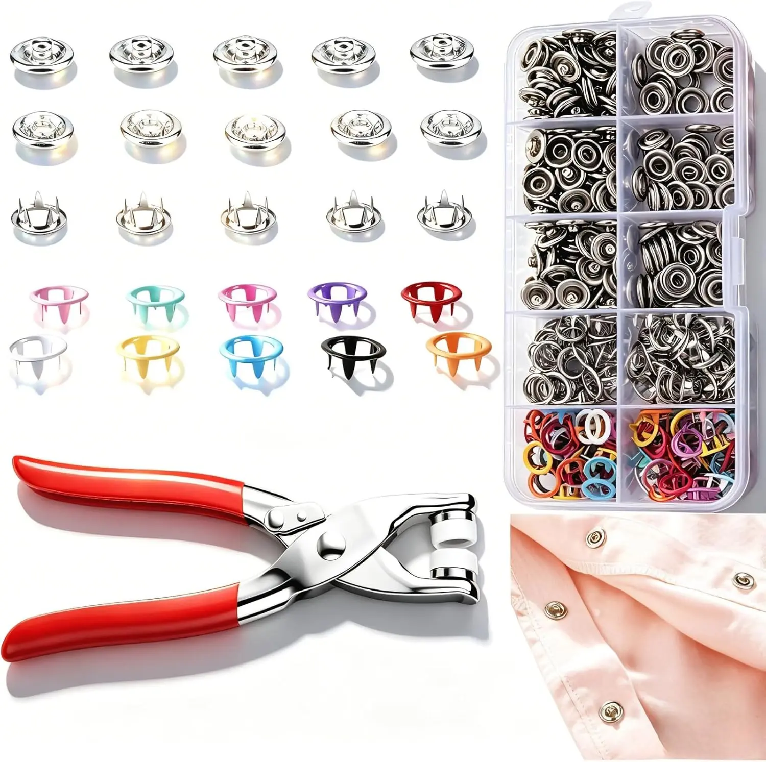 100 Sets Metal Snaps Buttons with Fastener Pliers Press Tool Kit, Hollow Prong Ring Snap Button Fasteners Kit, Perfect for DIY Crafts Clothes Hats and Sewing