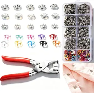 100 Sets Metal Snaps Buttons with Fastener Pliers Press Tool Kit, Hollow Prong Ring Snap Button Fasteners Kit, Perfect for DIY Crafts Clothes Hats and Sewing