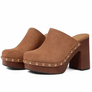 EROCALL Suede Mules for Women with Gold Studs Detail Wood Platform Block Heel Retro Clogs Style Trendy Slip-On Footwear Comfortable Chunky Heel Statement Shoes for Casual & Streetwear