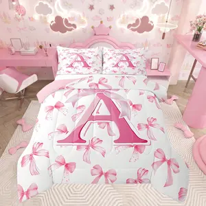 Cute Pink Bow Comforter Set, Monogrammed Bedding Set, Ultra Soft Personalized Initial A Duvet Quilt, Coquette Bow Knot Quilt Set, Room Decor Modern Fashion Comforter