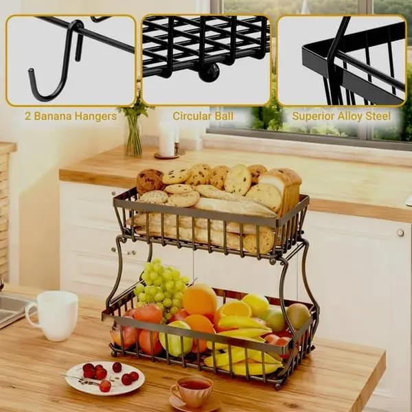 Black 2-Tier Iron Mesh Functional Kitchen Storage Rack - Detachable Metal Hanging Basket Organizer for Counter, Fruits, Vegetables + 2 Movable Banana Hangers