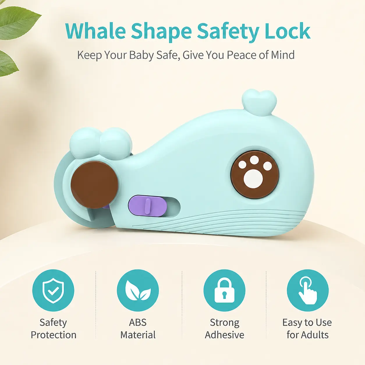 1 Count Whale Shaped Cabinet Safety Lock, Two-Step Sliding Unlock Design, for Household Wardrobe and Drawer Protection