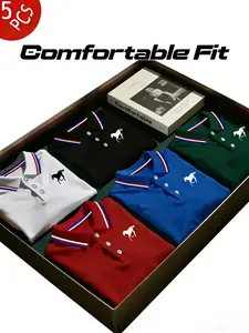 Men's Polo Shirt Set, Casual Fashion Homewear, Menswear, Solid Color Short Sleeve Horse Print, Contrast Collar, Breathable Daily/golf Shirts, Multiple Colors