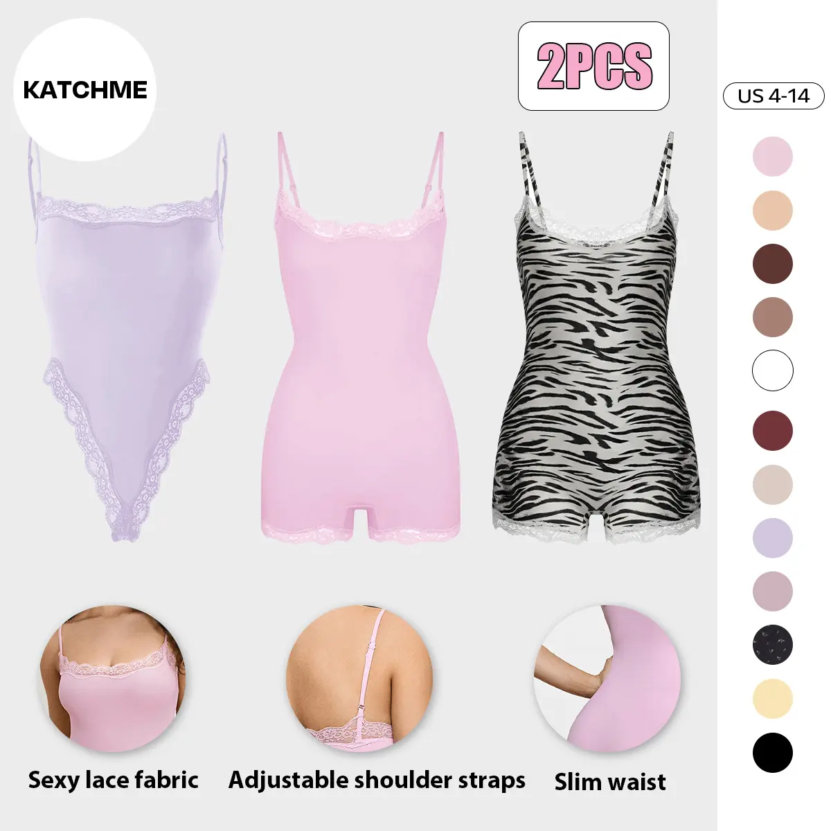 KatchMe Lace Series Women's Spaghetti Strap Lace Trim Breathable Bodysuit, Versatile Chic Lightweight Playsuit, Seamless Quick-Dry Soft Nightdress (3) Lingerie Sets Womenswear