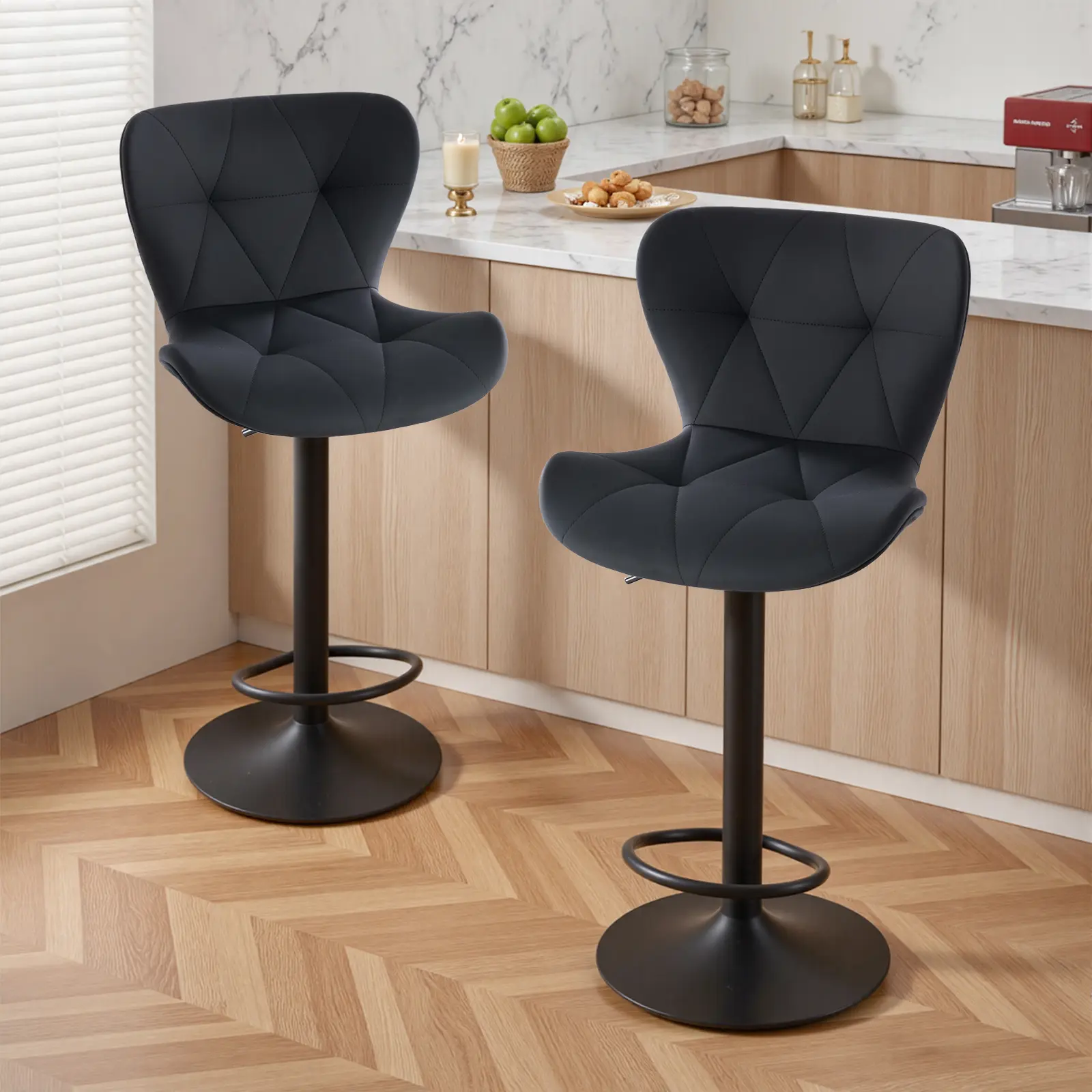 Bar Stools Set of 2, Adjustable Faux Leather Upholstered Swivel Bar Stools, Counter Height Bar Chairs with Back for Kitchen Island