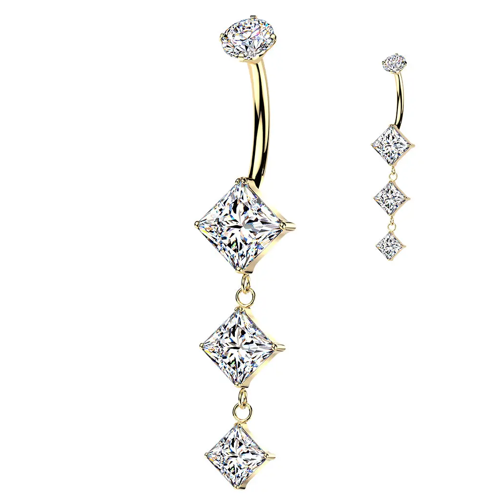 Triple Descending Diamond CZ Dangle Titanium Belly Button Ring – 14G ASTM F-136 Navel Barbell