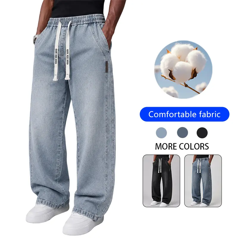 LIFE KEEPS MOVING men’s solid-color washed jeans featuring an elastic waistband with drawstring, made from soft, skin-friendly, breathable cotton fabric. Loose straight cut in a regular fit, available in multiple colors—versatile men’s bottoms for spring