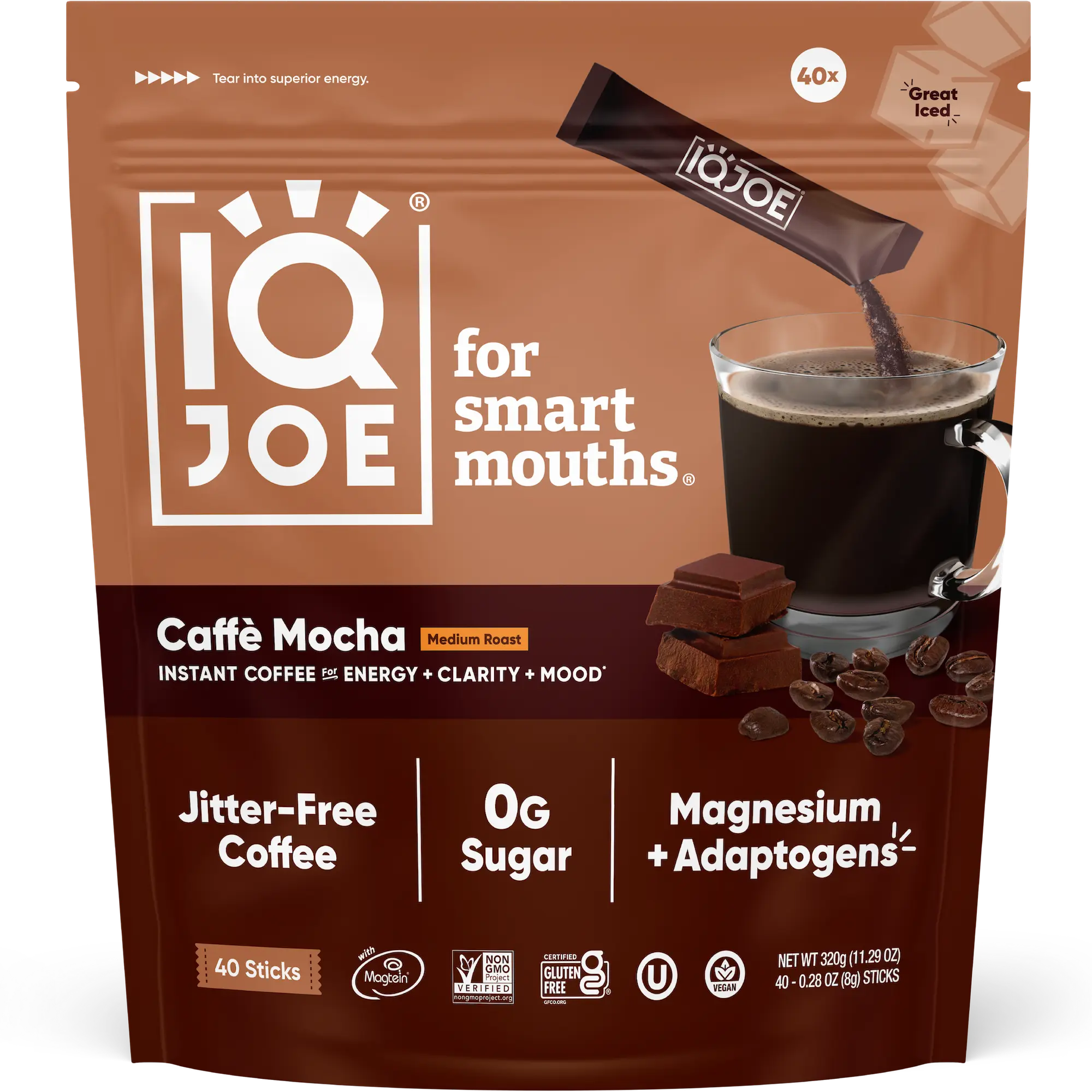 IQJOE Caffè Mocha (40 Sticks) - Instant Mushroom Coffee Packets with Lion’s Mane - Sugar Free, Keto, Vegan Clarity and Mood Enhancing Coffee