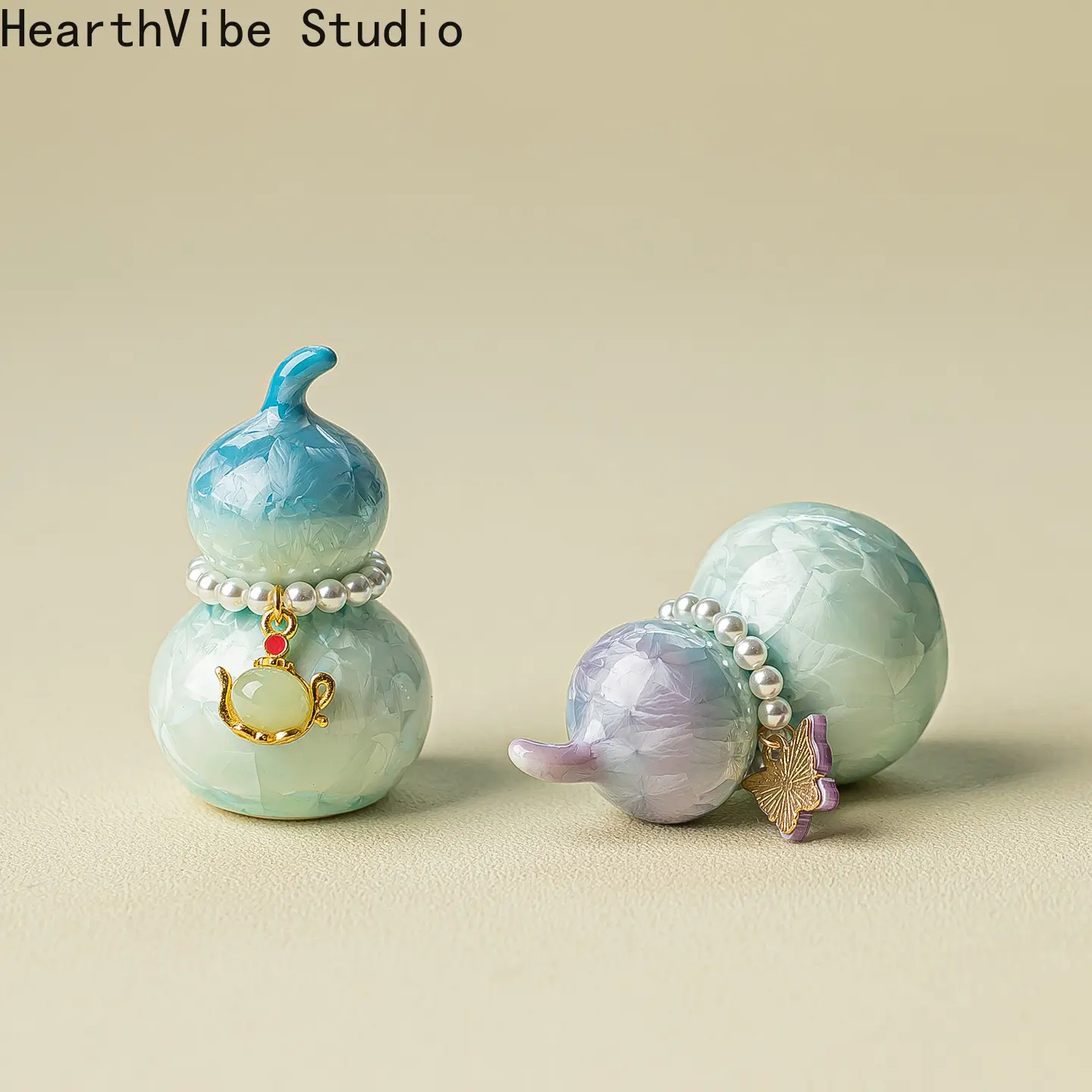 Colorful Small-Size Gourd Ceramic Figurine - Decorative Ornament with Pearl Pendant, Crystalline Glaze Ceramic Cover, Home Decor Fortune Craft for Tea Ceremony, Colorful Decorative Figurines, Ceramic Figurines