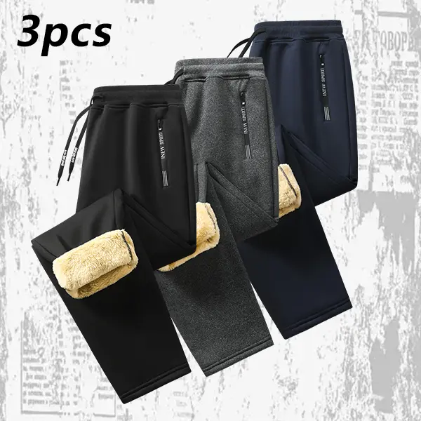 Men's Straight Leg Athletic Sweatpants, Lightweight Activewear with Zippered Pockets for Gym Workouts & Lounging, Casual, All Seasons, Fleece, Male, Three Packs