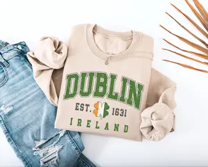 Dublin Ireland Adult Sweatshirt Vintage Style Bold Collegiate Lettering Classic Shamrock Emblem Soft Cozy St Patrick's Day Wear - Hello Handpressed