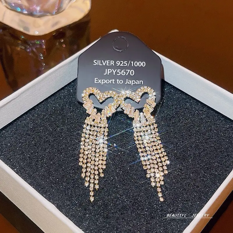 # A42 Sparkly Heart Rhinestone Earrings Dangling Long Waterfall Tassel Crystals Heart Statement Chain Chandelier Dangle Drop Earrings for Women Party Prom Statement Wedding Bridal