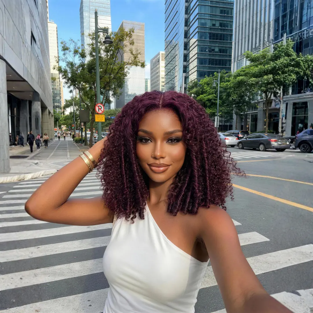 Nadula  Black Cherry Burgundy Kinky Curly Bob Wig  Bye Bye Knots Finger Coils Fluffy Layered Afro Curly 7x5 Lace Closure  Human Hair Wig Natural Texture Deep Wine Plum Dark Red Wig
