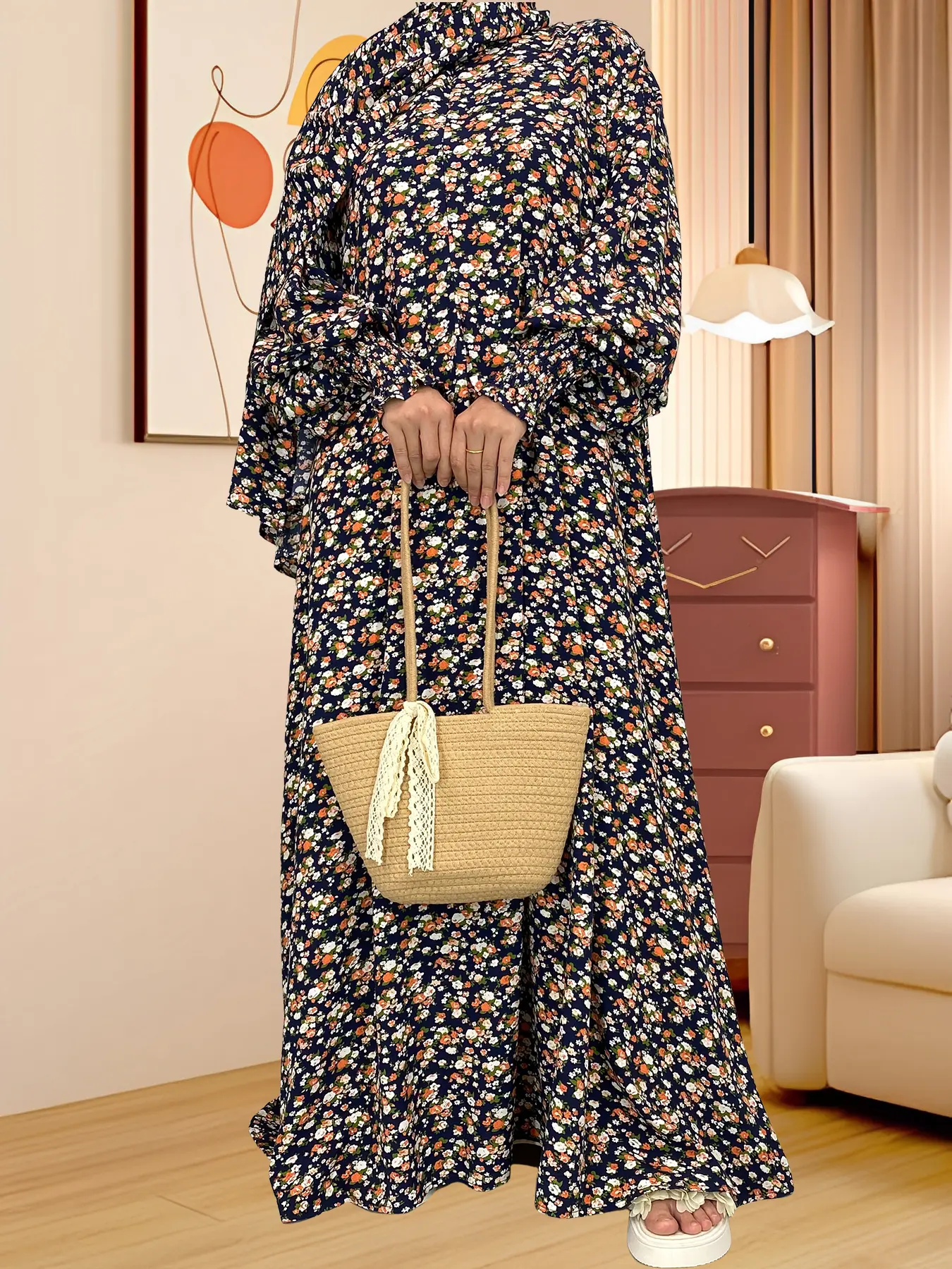 Women's Floral Print Long Sleeve Lounge Dress with Hijab, Modest Casual Comfy Kaftan Dress for Daily Wear, Women's Sleepwear for All Seasons