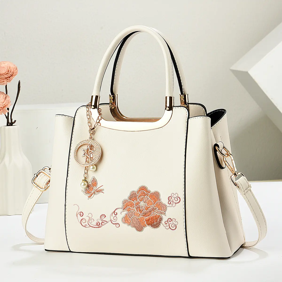 Women's Embroidered Handbag, Casual PU Leather Purse with Adjustable Strap, Multi-Compartment Everyday Shoulder Bag, Everyday Carry, Embroidery, High-Capacity