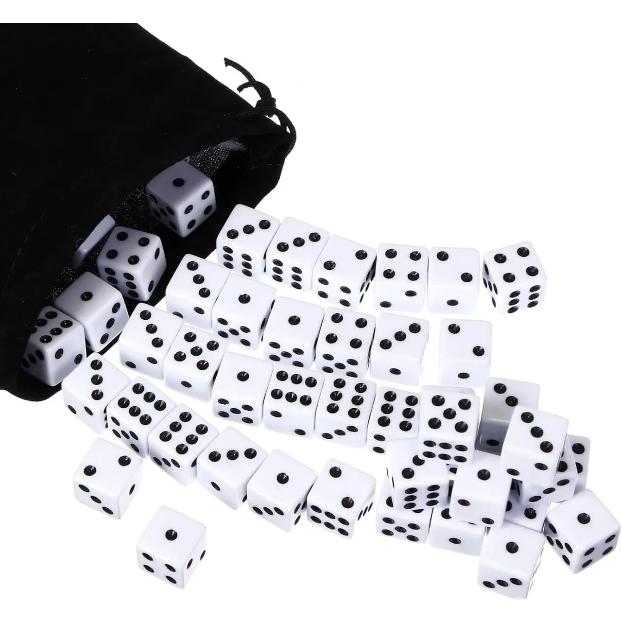50 Pcs White Opaque Six Sided 16mm Dice with Black Color Pips with 1pc Drawstring Pouch for Rolling, Group Event, Board Games
