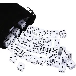 50 Pcs White Opaque Six Sided 16mm Dice with Black Color Pips with 1pc Drawstring Pouch for Rolling, Group Event, Board Games
