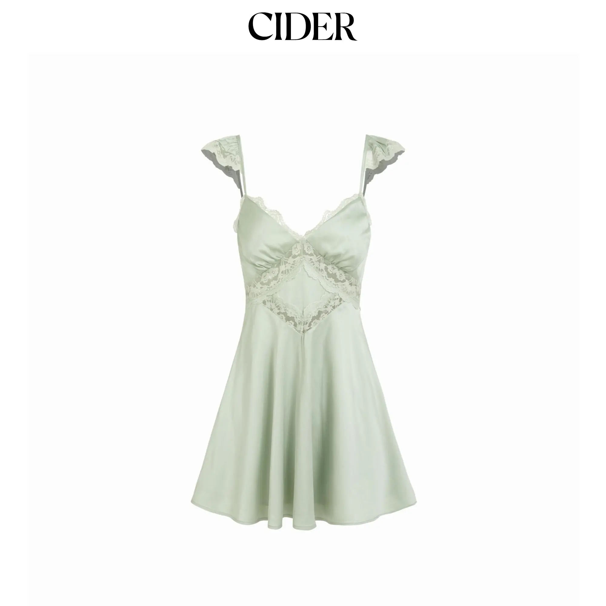 Cider Women's Satin Sleeveless Spaghetti Strap Sweetheart Dress with Lace Panels, Ruffles, High Rise A-line Mini Silhouette