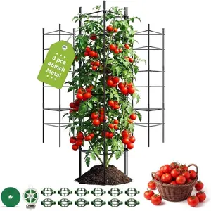 46 Inch Heavy Duty Metal Tomato Cage for Garden - 3 Pack Metal Steel Tomato Cages, Panel-Assembled Garden Trellis, Flexible Shapes  Support Set, Rustproof Stackable Trellis for Climbing
